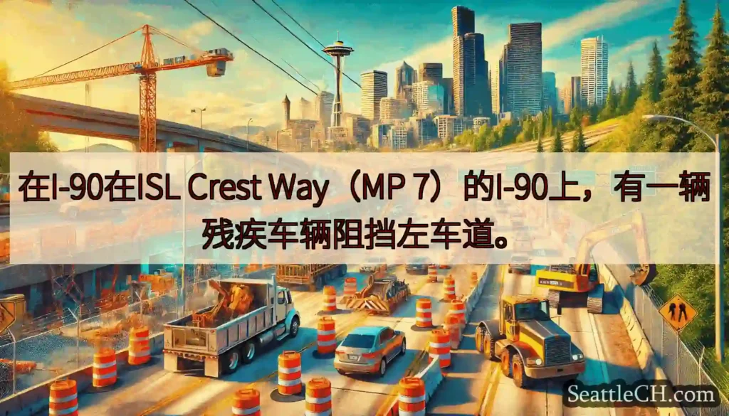 在I-90在ISL Crest Way（MP 7）的I-90上，有一辆残疾车辆阻挡左车道。