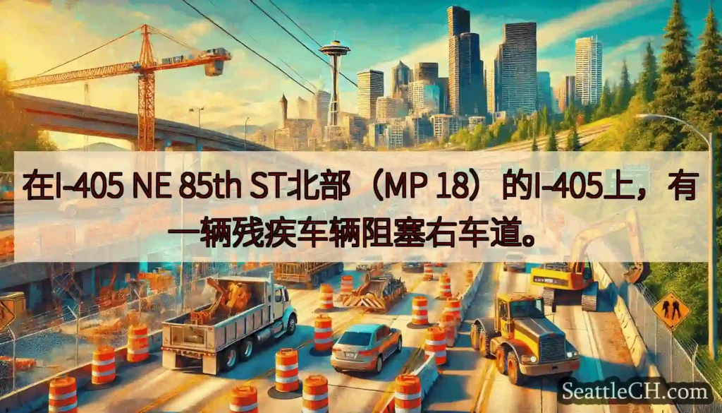 在I-405 NE 85th ST北部（MP 18）的I-405上，有一辆残疾车辆阻塞右车道。