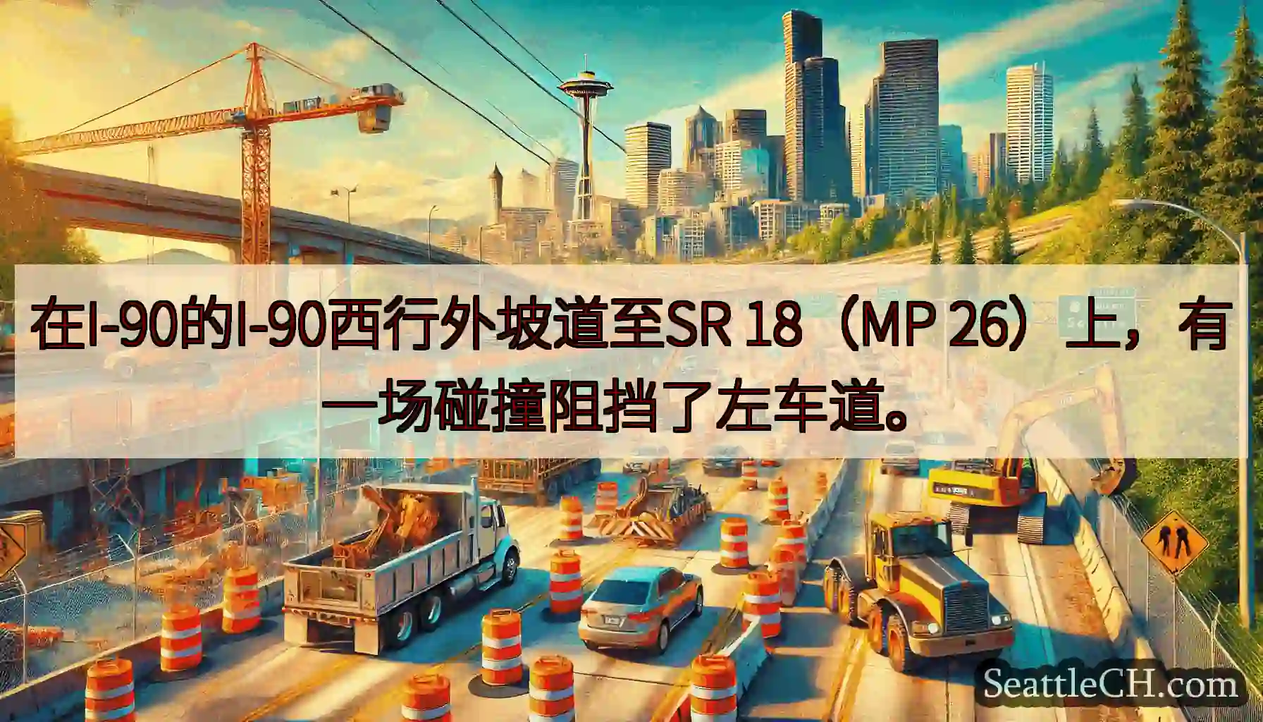在I-90的I-90西行外坡道至SR 18（MP 26）上，有一场碰撞阻挡了左车道。