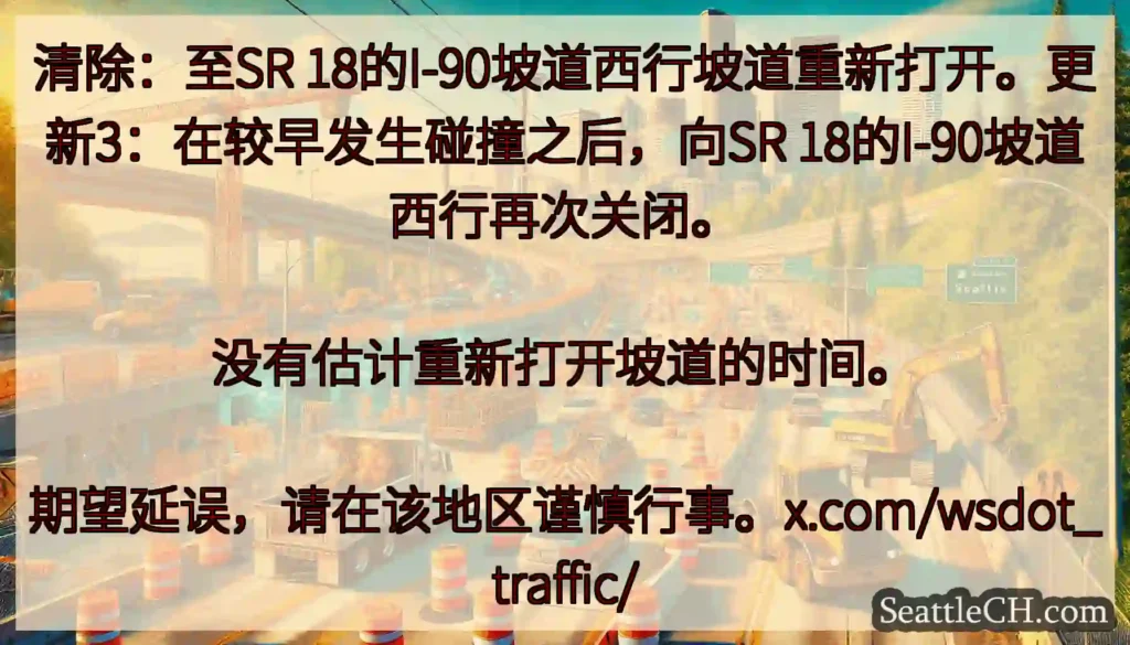 清除：至SR 18的I-90坡道西行坡道重新打开。更新3：在较早发生碰撞之后，向SR