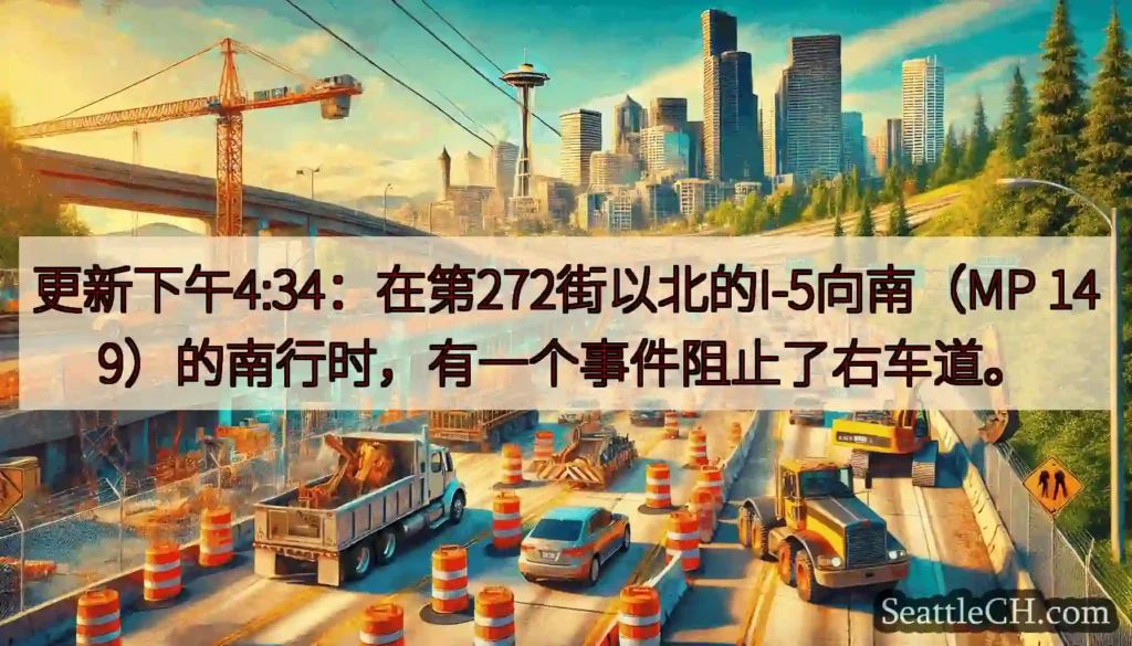 更新下午4:34：在第272街以北的I-5向南（MP 149）的南行时，有一个事件阻止了右车道。