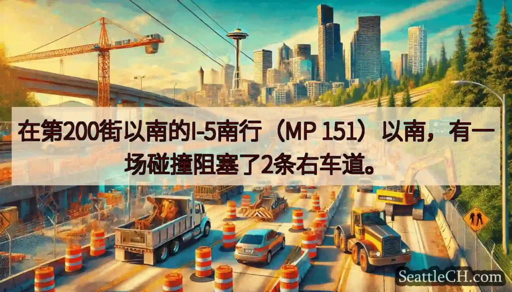 在第200街以南的I-5南行（MP 151）以南，有一场碰撞阻塞了2条右车道。