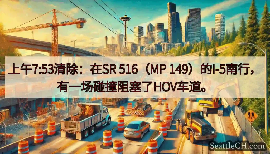 上午7:53清除：在SR 516（MP 149）的I-5南行，有一场碰撞阻塞了HOV车道。