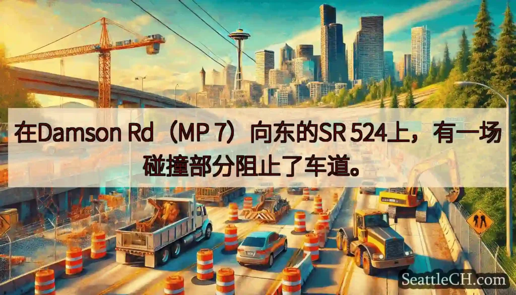 在Damson Rd（MP 7）向东的SR 524上，有一场碰撞部分阻止了车道。