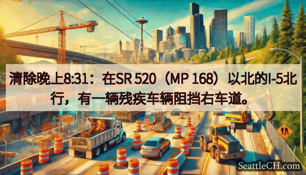 清除晚上8:31:在SR 520(MP 168)以北的I-5北行,有一辆残疾车辆阻挡右车道。