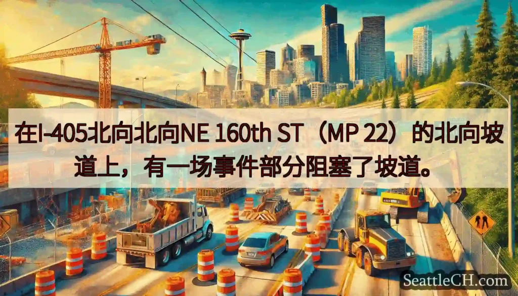 在I-405北向北向NE 160th ST(MP 22)的北向坡道上,有一场事件部分阻塞了坡道。