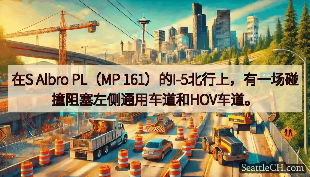 在S Albro PL（MP 161）的I-5北行上，有一场碰撞阻塞左侧通用车道和HOV车道。