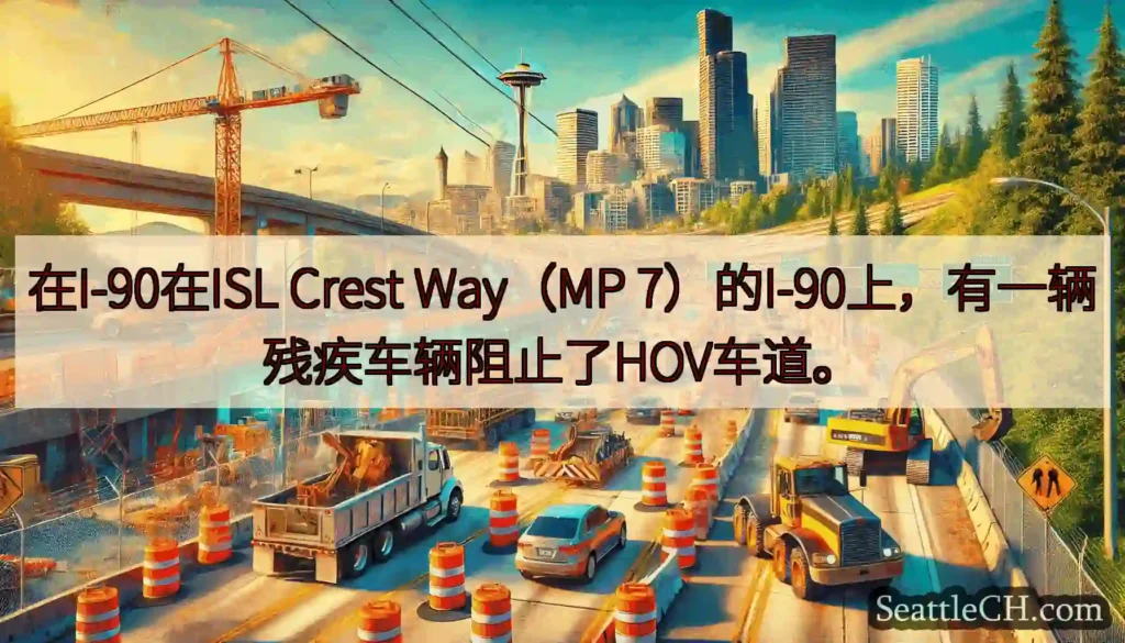 在I-90在ISL Crest Way（MP 7）的I-90上，有一辆残疾车辆阻止了HOV车道。