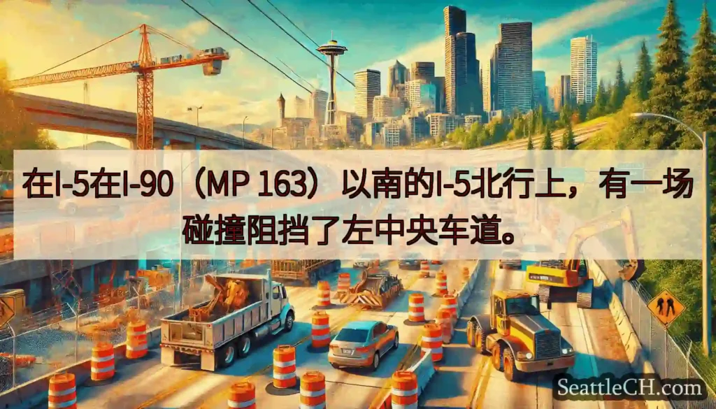 在I-5在I-90（MP 163）以南的I-5北行上，有一场碰撞阻挡了左中央车道。
