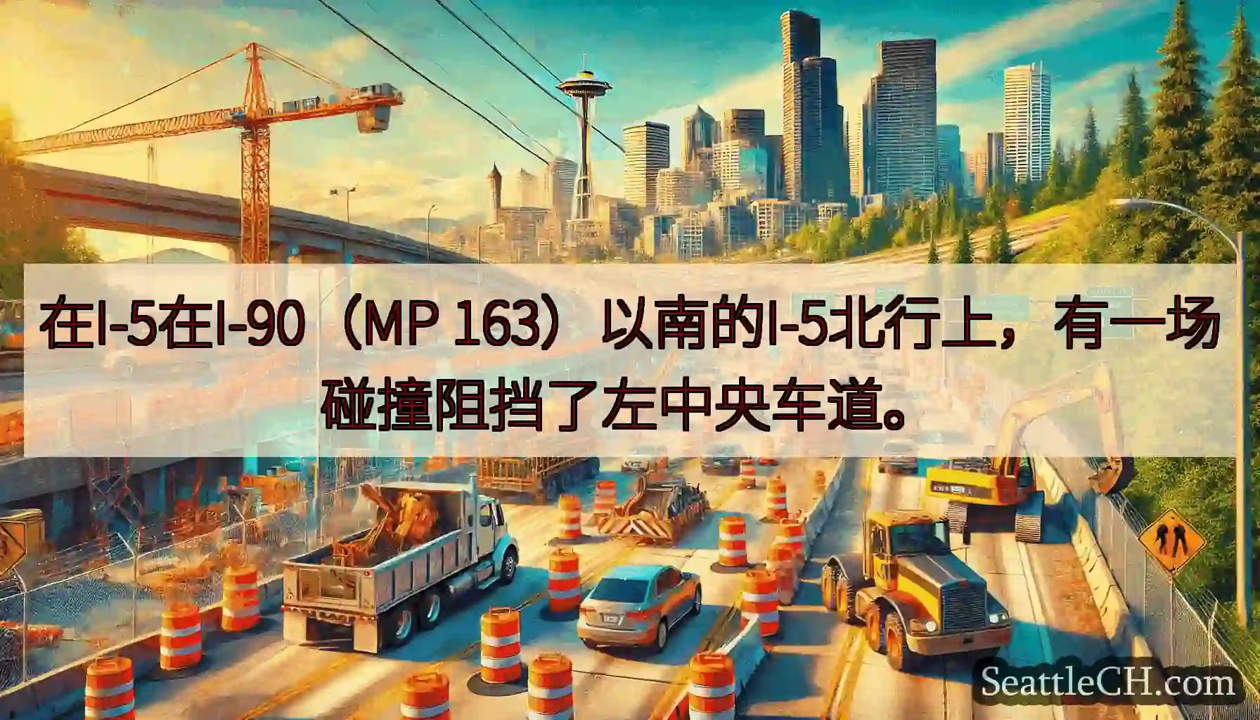 在I-5在I-90（MP 163）以南的I-5北行上，有一场碰撞阻挡了左中央车道。