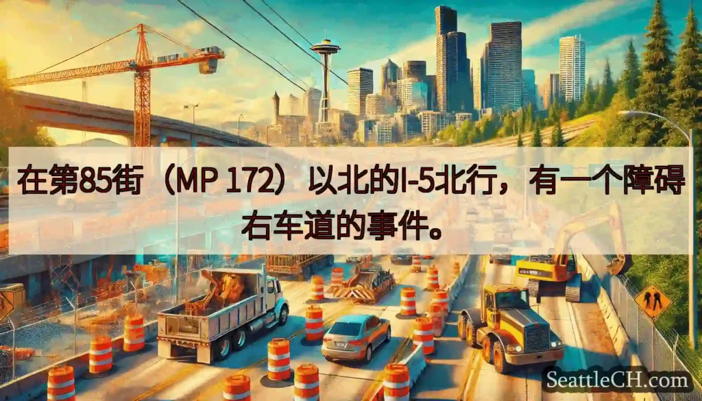 在第85街（MP 172）以北的I-5北行，有一个障碍右车道的事件。