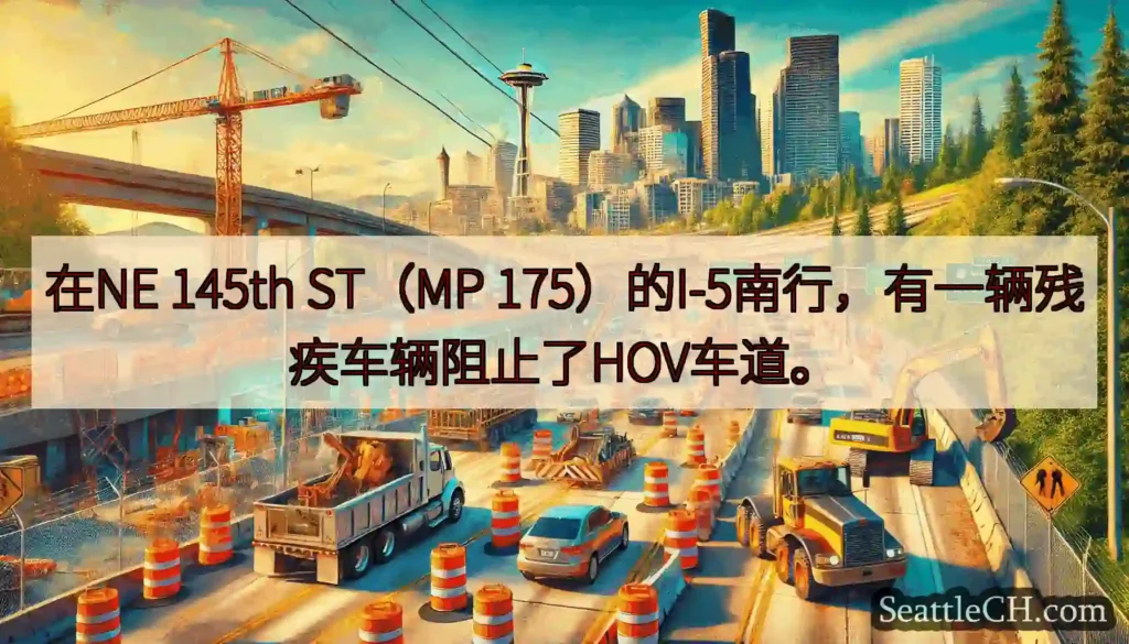 在NE 145th ST（MP 175）的I-5南行，有一辆残疾车辆阻止了HOV车道。