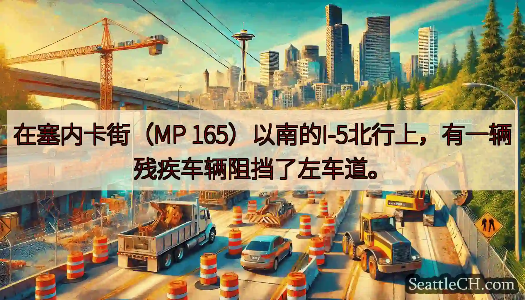 在塞内卡街（MP 165）以南的I-5北行上，有一辆残疾车辆阻挡了左车道。