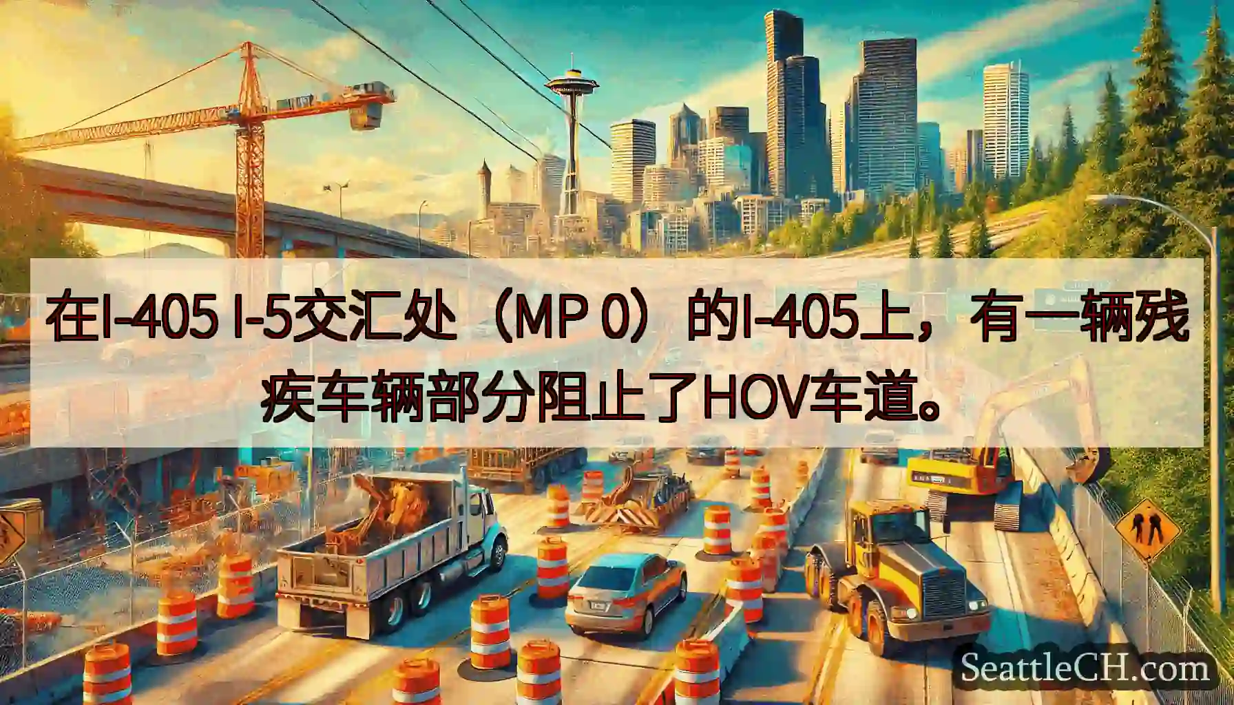 在I-405 I-5交汇处（MP 0）的I-405上，有一辆残疾车辆部分阻止了HOV车道。