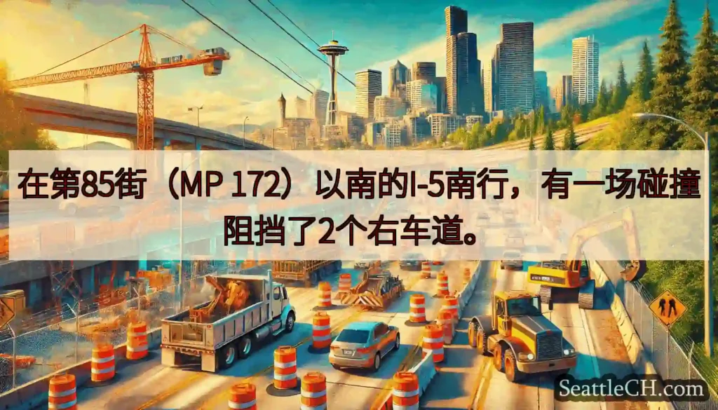 在第85街（MP 172）以南的I-5南行，有一场碰撞阻挡了2个右车道。