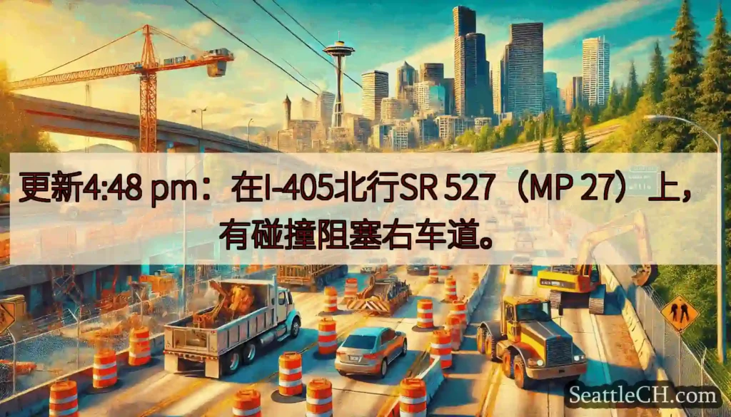 更新4:48 pm：在I-405北行SR 527（MP 27）上，有碰撞阻塞右车道。