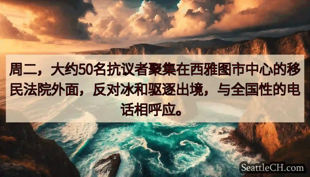 周二，大约50名抗议者聚集在西雅图市中心的移民法院外面，反对冰和驱逐出境，与全国性的电话相呼应。