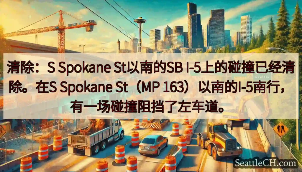 清除：S Spokane St以南的SB I-5上的碰撞已经清除。在S Spokane St（MP