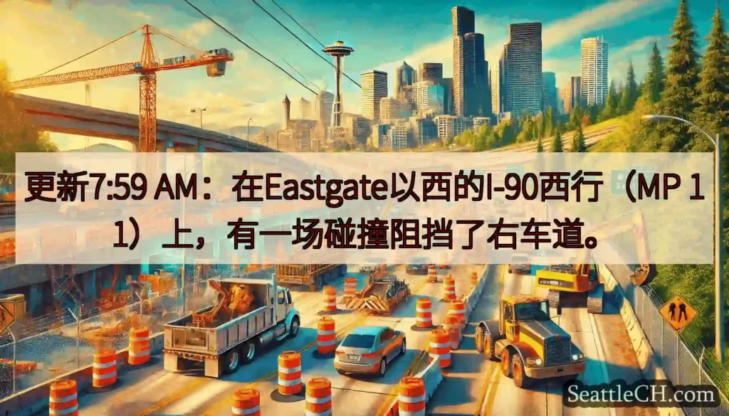 更新7:59 AM：在Eastgate以西的I-90西行（MP 11）上，有一场碰撞阻挡了右车道。
