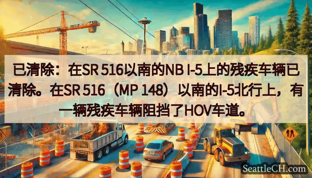 已清除：在SR 516以南的NB I-5上的残疾车辆已清除。在SR 516（MP