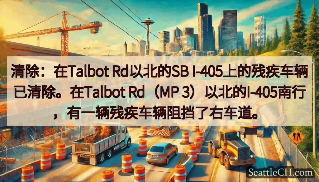清除：在Talbot Rd以北的SB I-405上的残疾车辆已清除。在Talbot Rd（MP