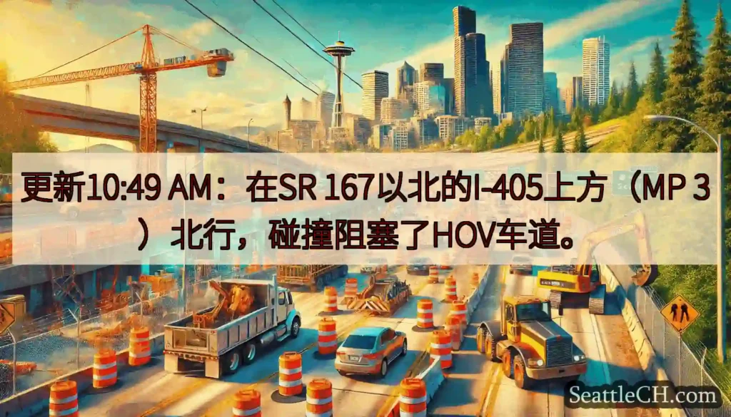 更新10:49 AM：在SR 167以北的I-405上方（MP 3）北行，碰撞阻塞了HOV车道。