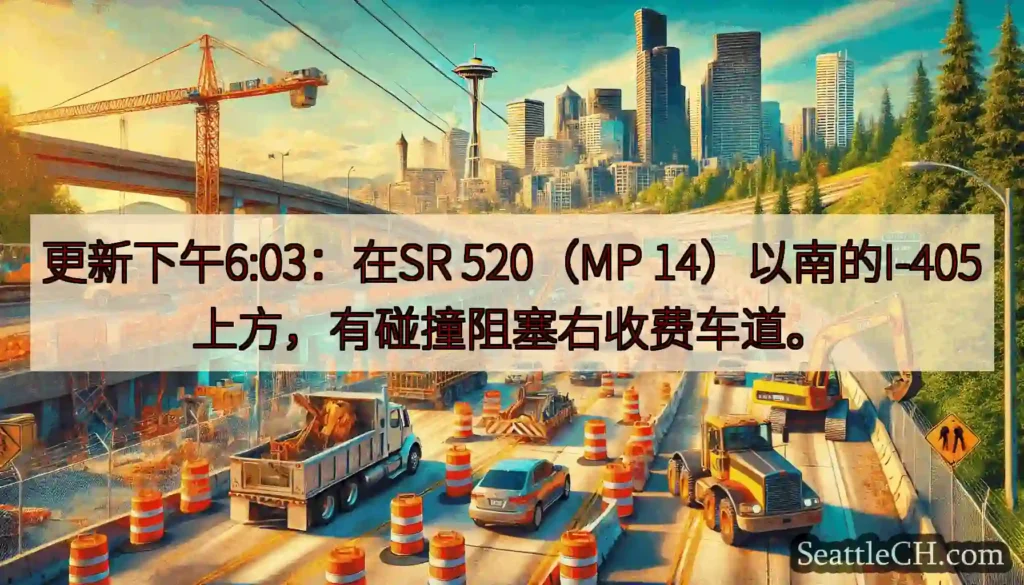 更新下午6:03：在SR 520（MP 14）以南的I-405上方，有碰撞阻塞右收费车道。