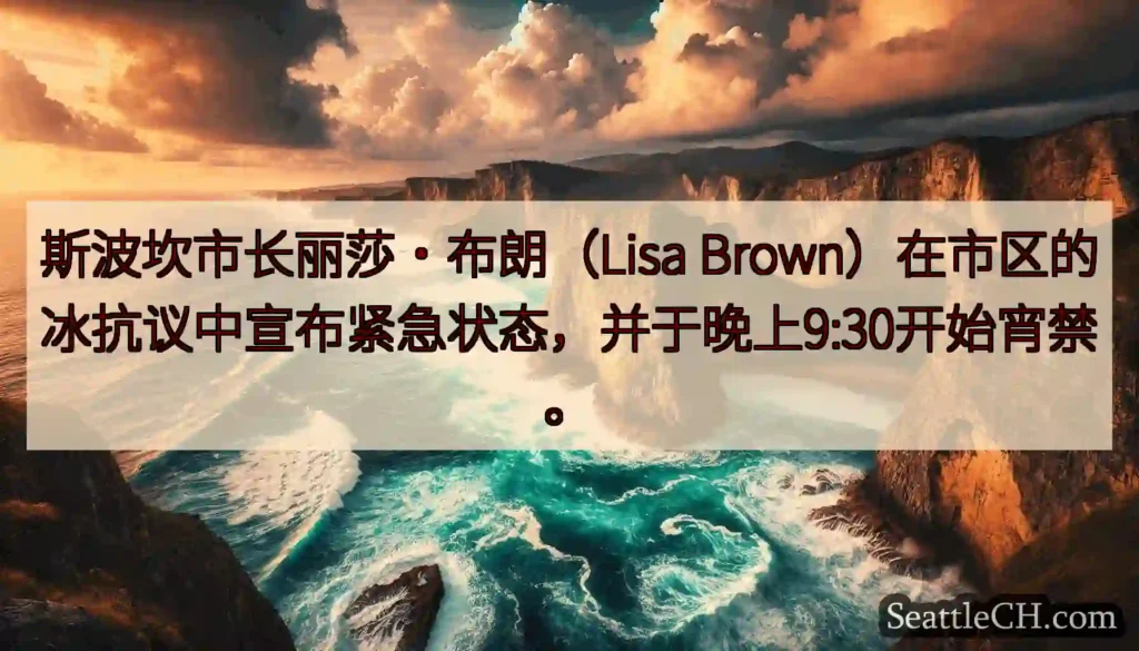 斯波坎市长丽莎·布朗（Lisa Brown）在市区的冰抗议中宣布紧急状态，并于晚上9:30开始宵禁。