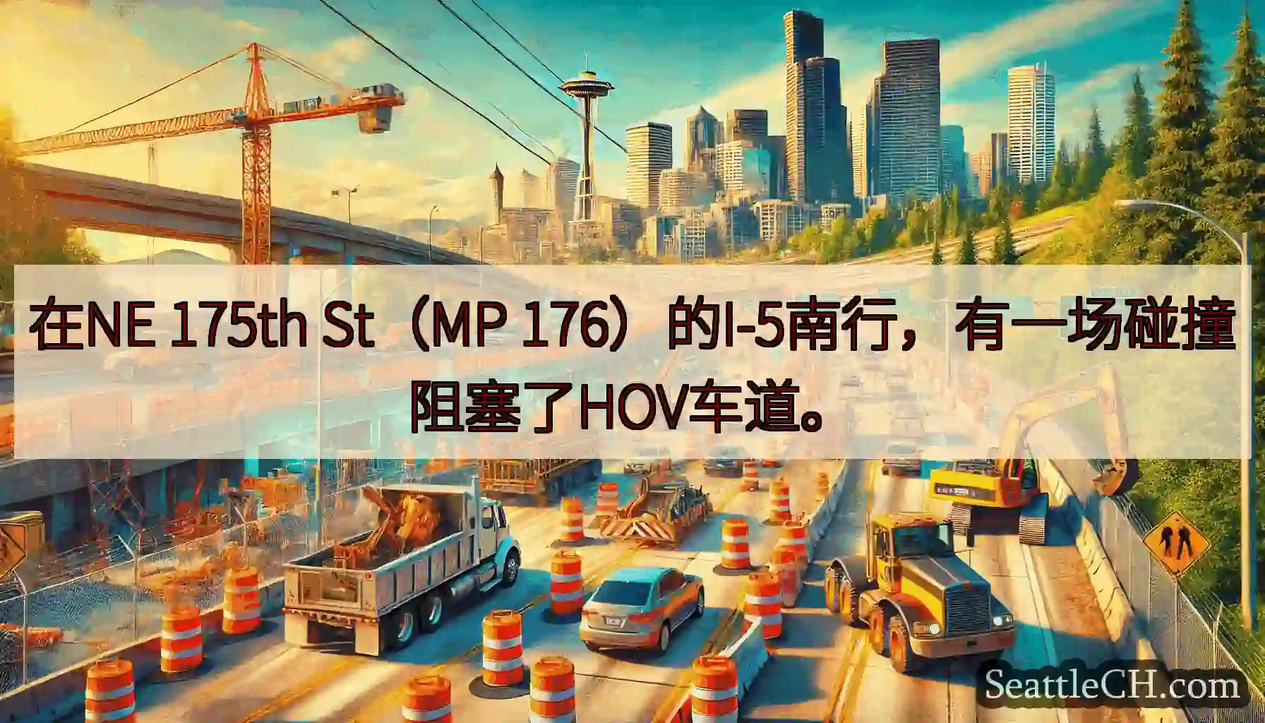在NE 175th St（MP 176）的I-5南行，有一场碰撞阻塞了HOV车道。