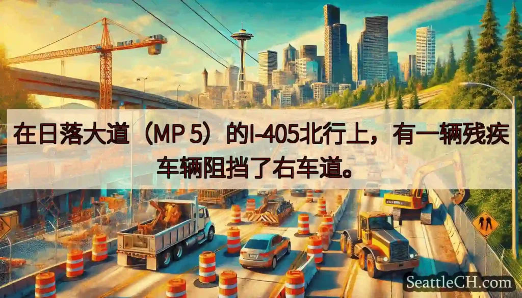 在日落大道（MP 5）的I-405北行上，有一辆残疾车辆阻挡了右车道。
