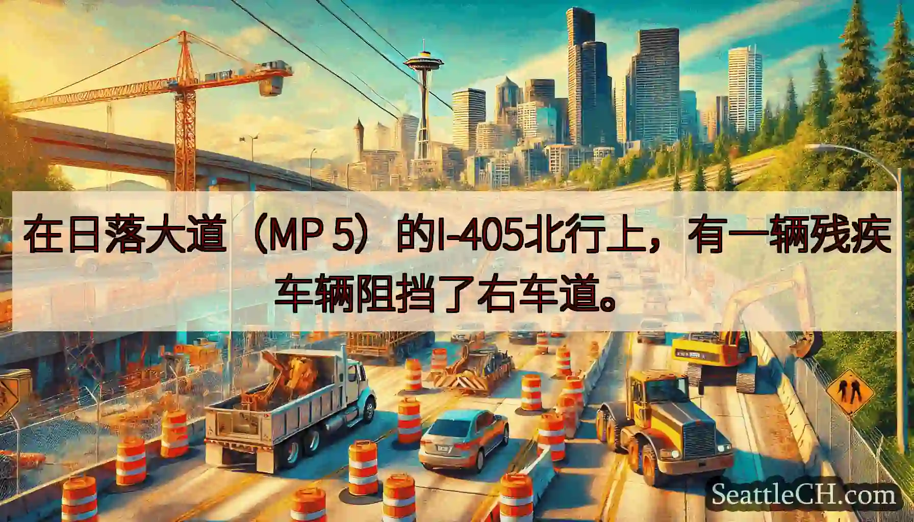 在日落大道（MP 5）的I-405北行上，有一辆残疾车辆阻挡了右车道。
