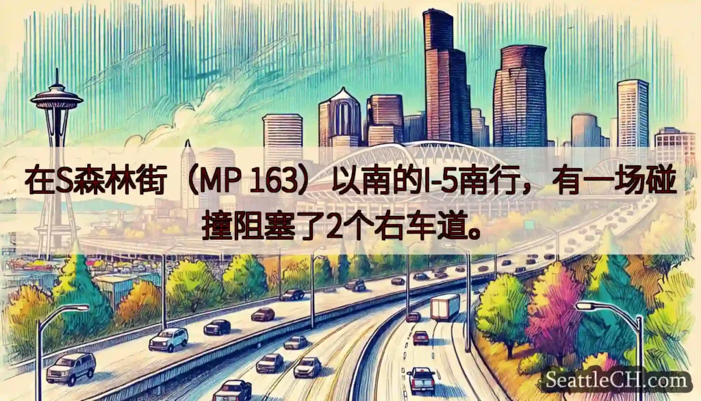 在S森林街（MP 163）以南的I-5南行，有一场碰撞阻塞了2个右车道。