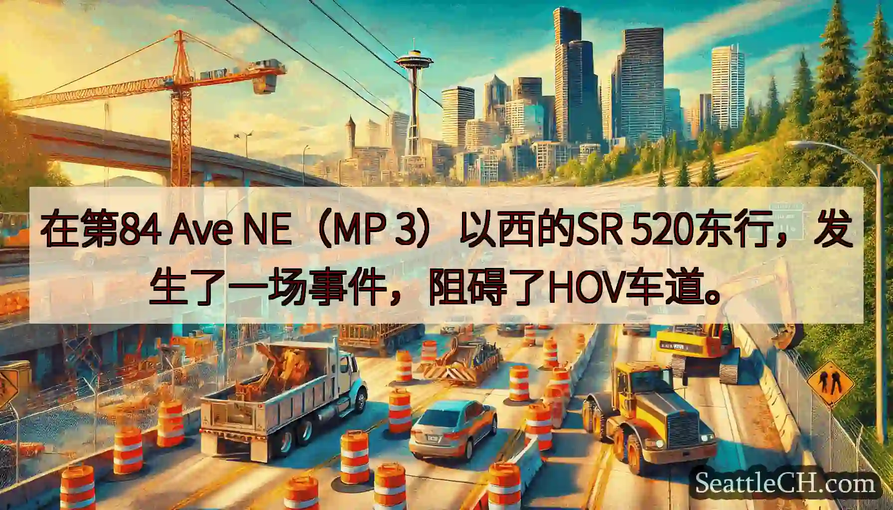 在第84 Ave NE（MP 3）以西的SR 520东行，发生了一场事件，阻碍了HOV车道。