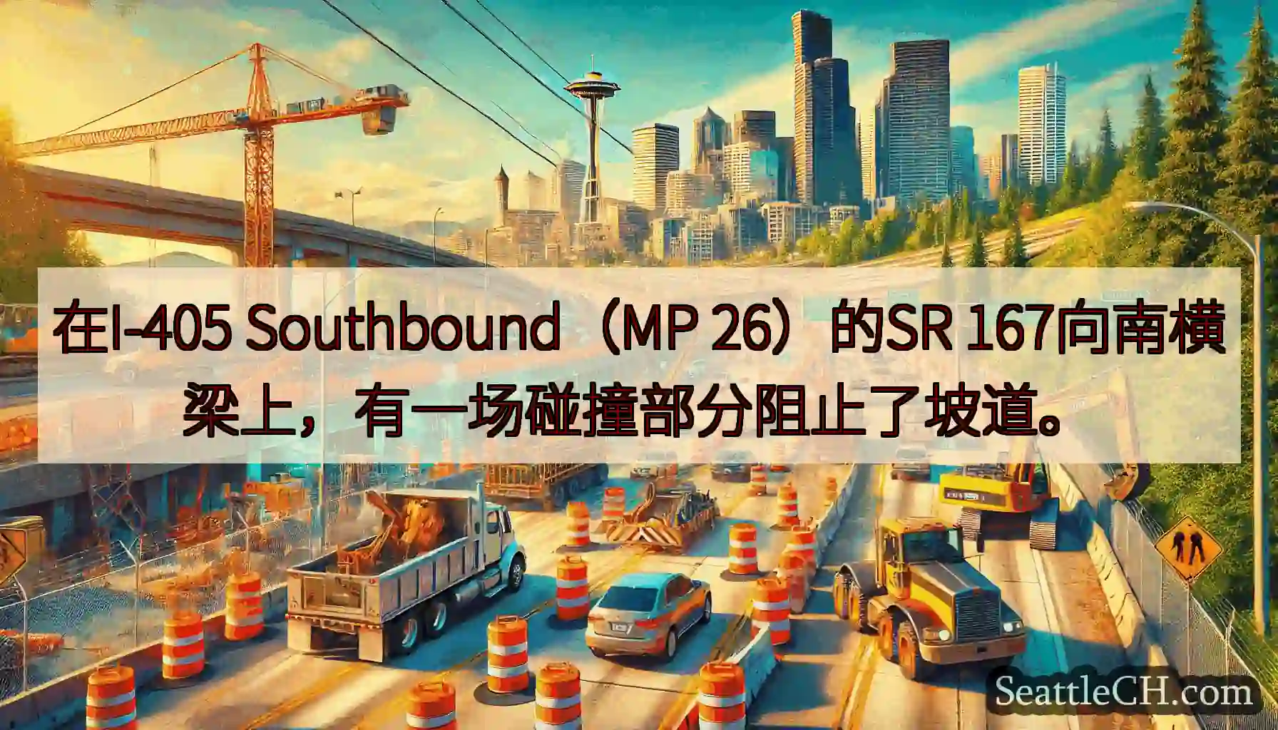 在I-405 Southbound（MP 26）的SR 167向南横梁上，有一场碰撞部分阻止了坡道。