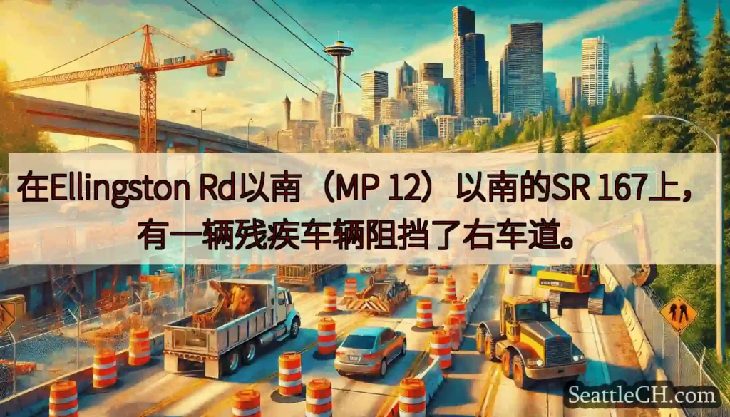 在Ellingston Rd以南（MP 12）以南的SR 167上，有一辆残疾车辆阻挡了右车道。
