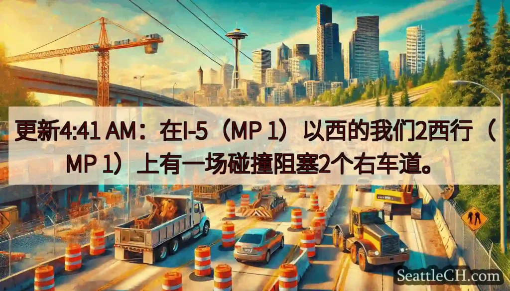 更新4:41 AM：在I-5（MP 1）以西的我们2西行（MP 1）上有一场碰撞阻塞2个右车道。