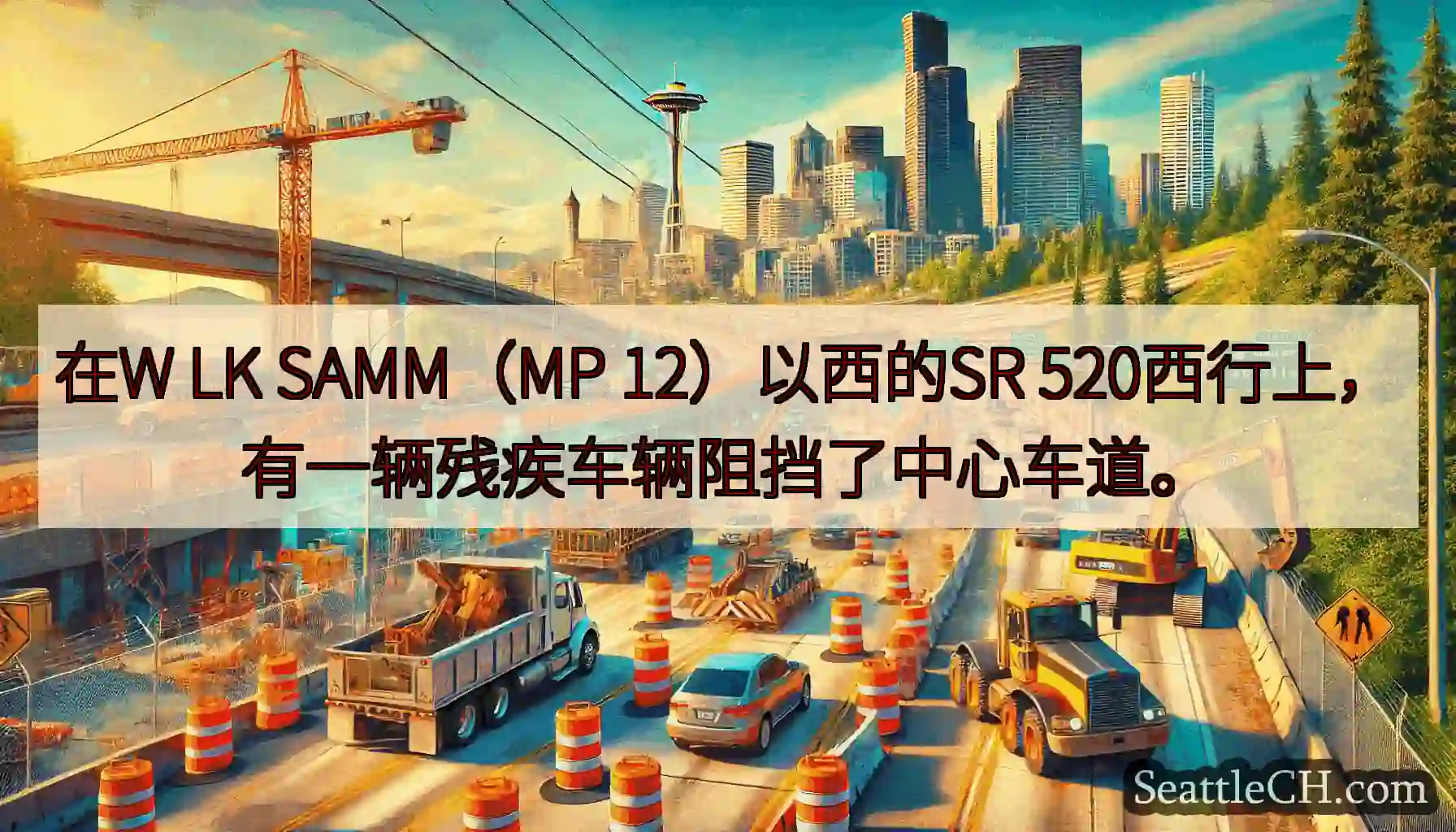 在W LK SAMM（MP 12）以西的SR 520西行上，有一辆残疾车辆阻挡了中心车道。