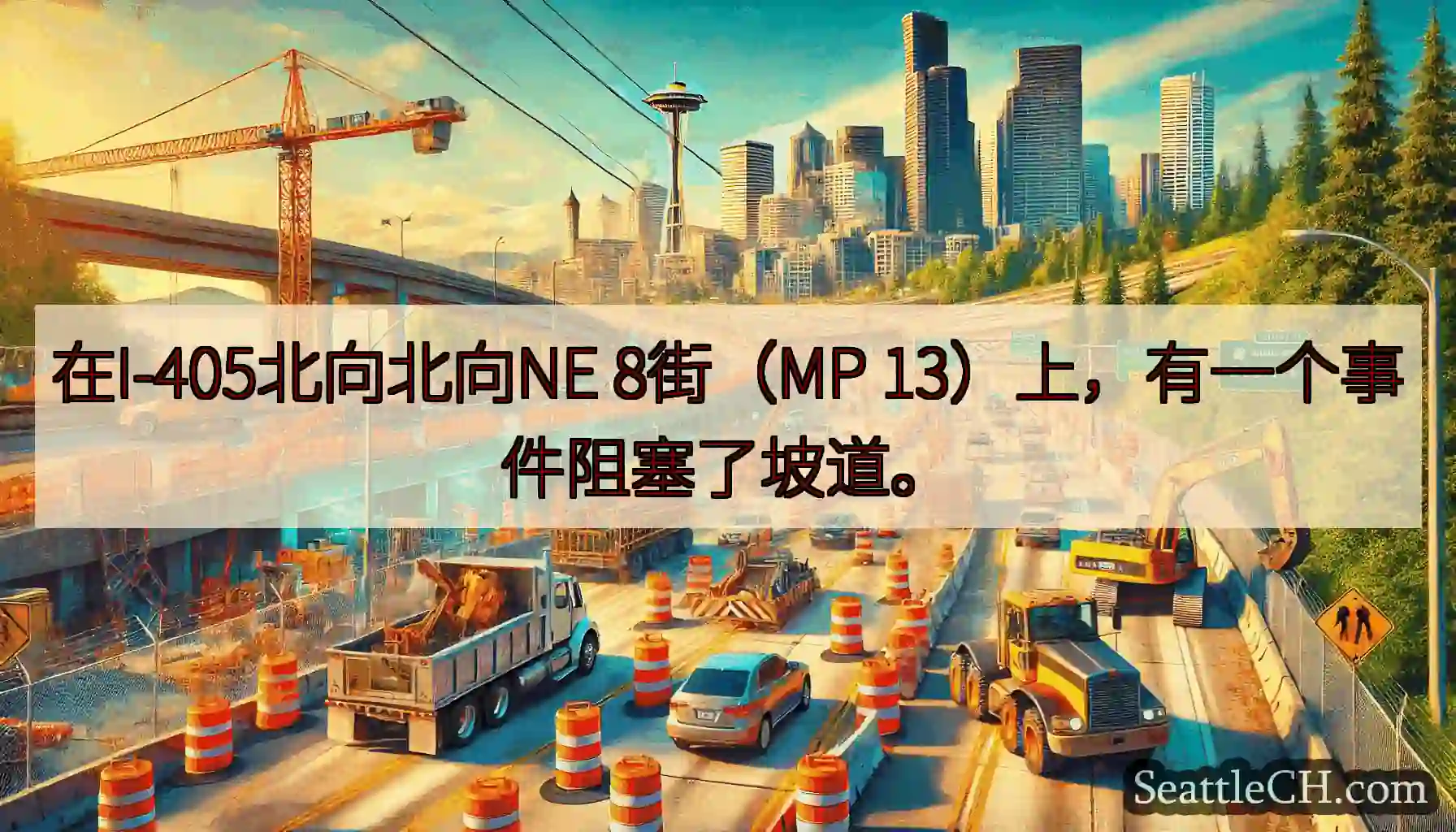 在I-405北向北向NE 8街（MP 13）上，有一个事件阻塞了坡道。