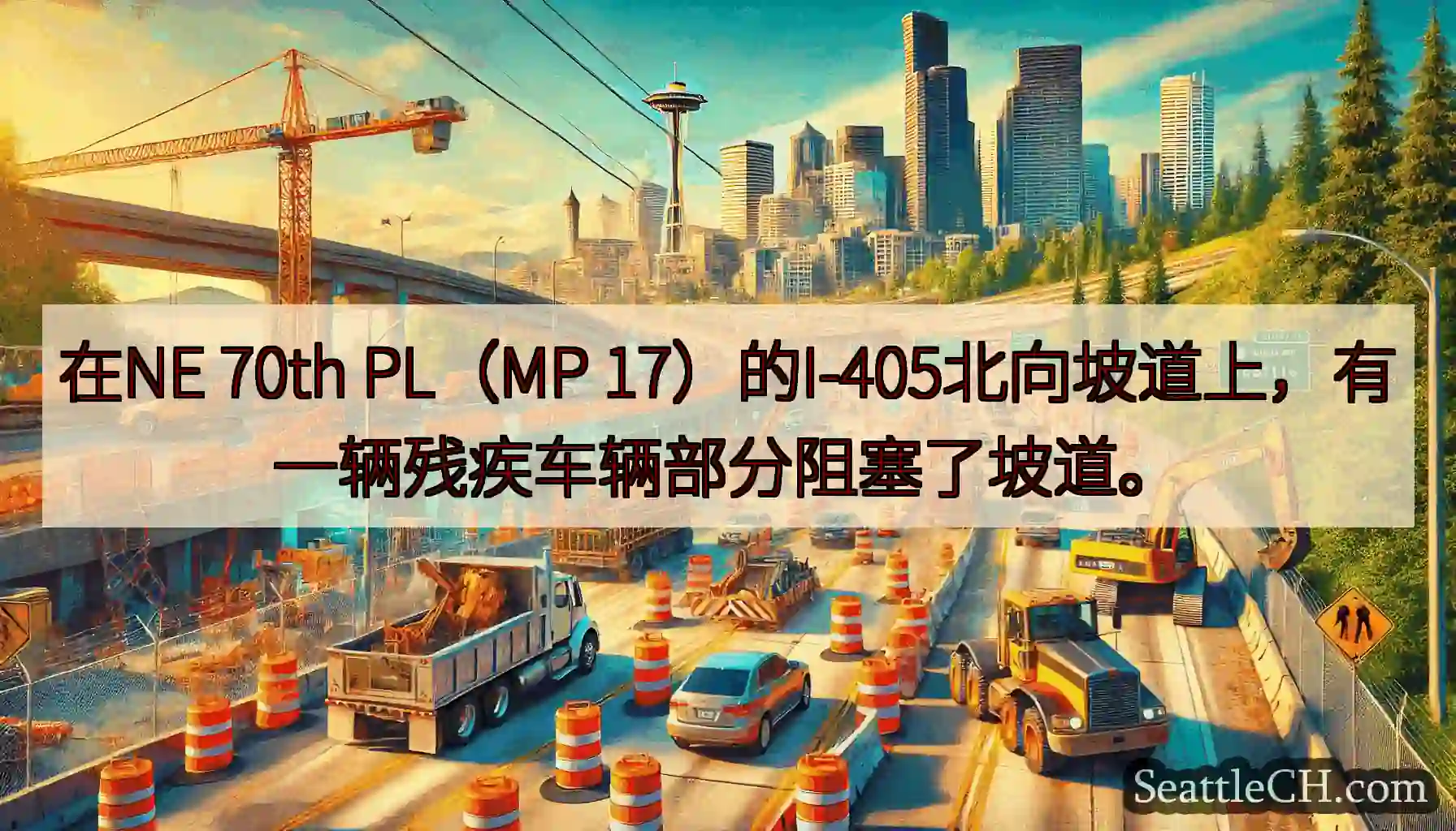 在NE 70th PL（MP 17）的I-405北向坡道上，有一辆残疾车辆部分阻塞了坡道。