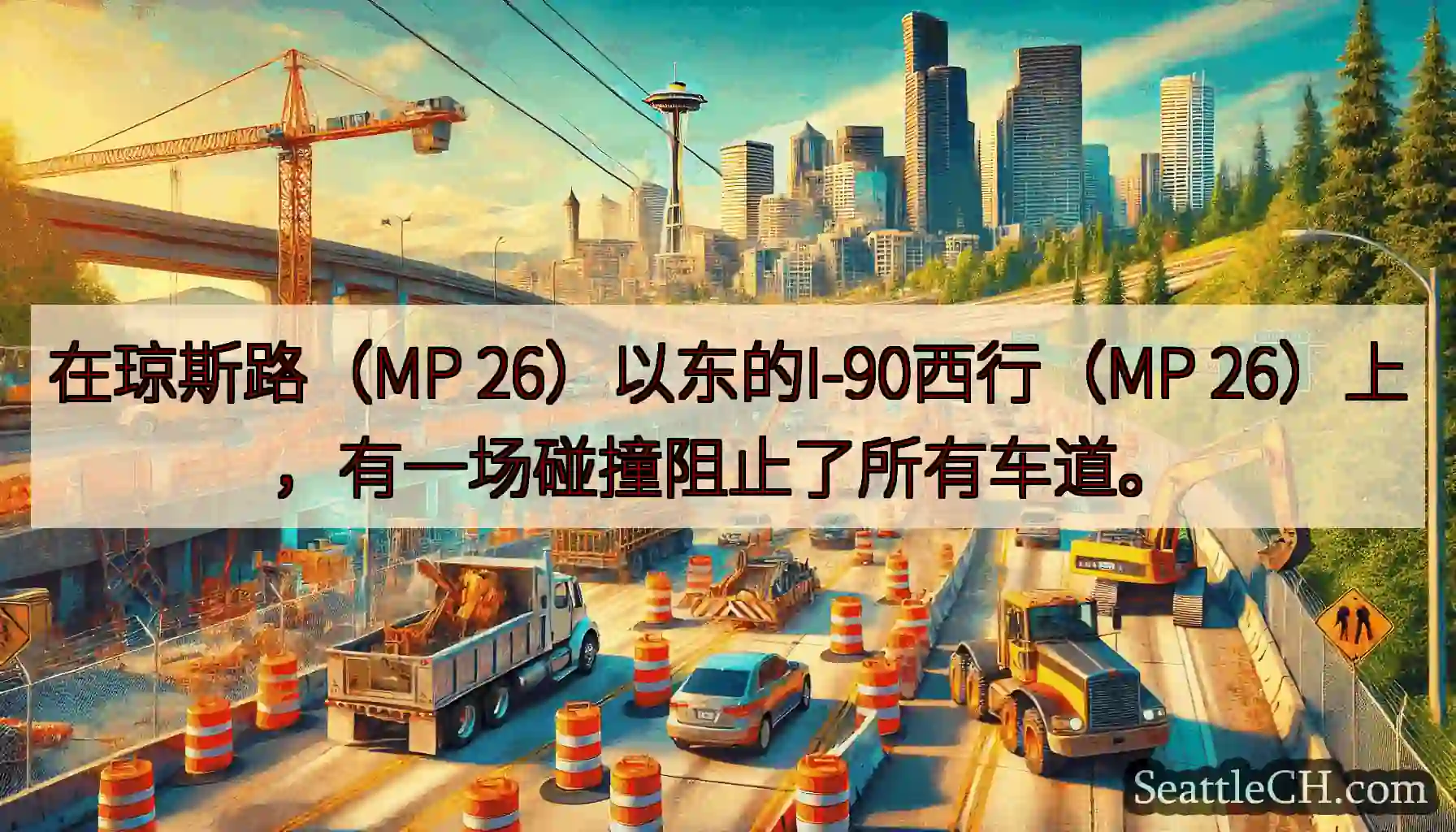 在琼斯路（MP 26）以东的I-90西行（MP 26）上，有一场碰撞阻止了所有车道。