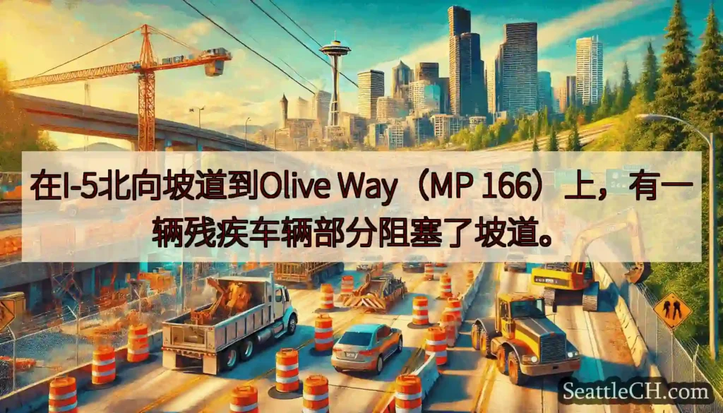 在I-5北向坡道到Olive Way（MP 166）上，有一辆残疾车辆部分阻塞了坡道。