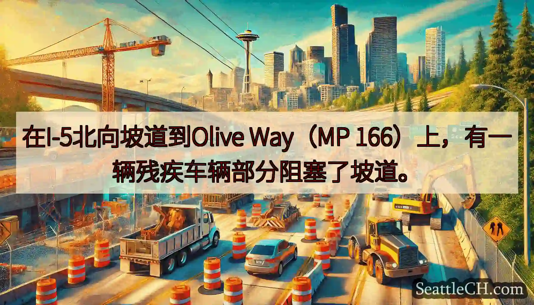 在I-5北向坡道到Olive Way（MP 166）上，有一辆残疾车辆部分阻塞了坡道。