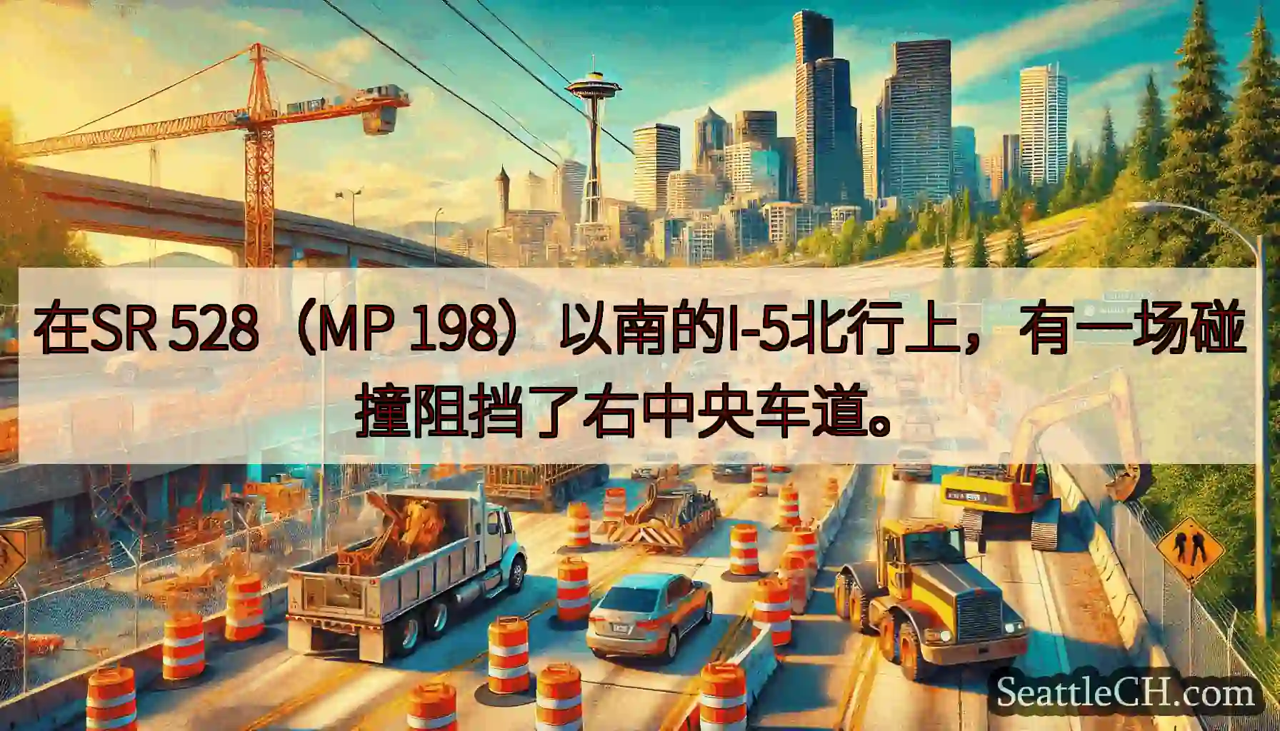 在SR 528（MP 198）以南的I-5北行上，有一场碰撞阻挡了右中央车道。