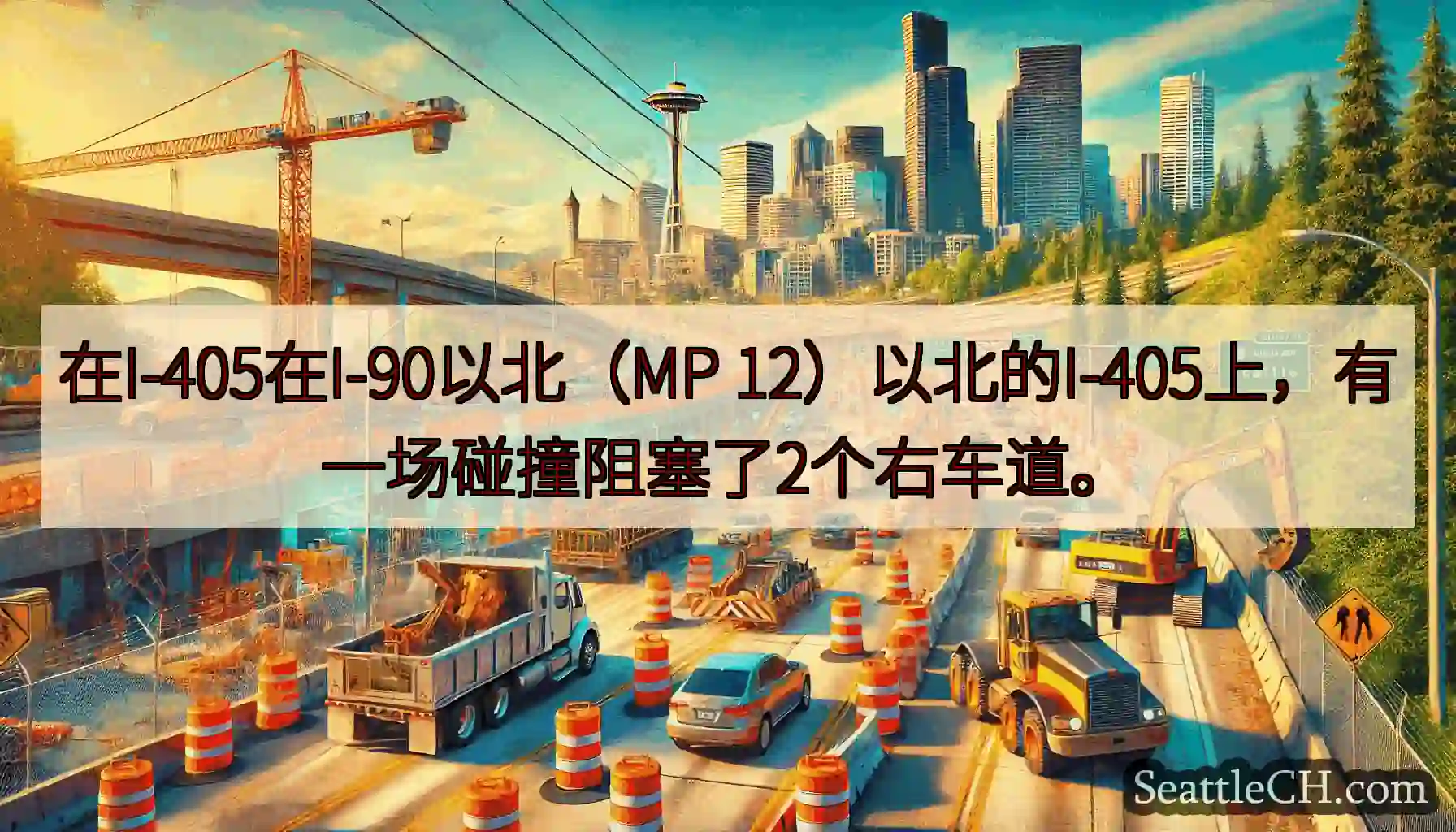 在I-405在I-90以北（MP 12）以北的I-405上，有一场碰撞阻塞了2个右车道。