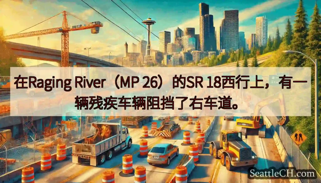 在Raging River（MP 26）的SR 18西行上，有一辆残疾车辆阻挡了右车道。