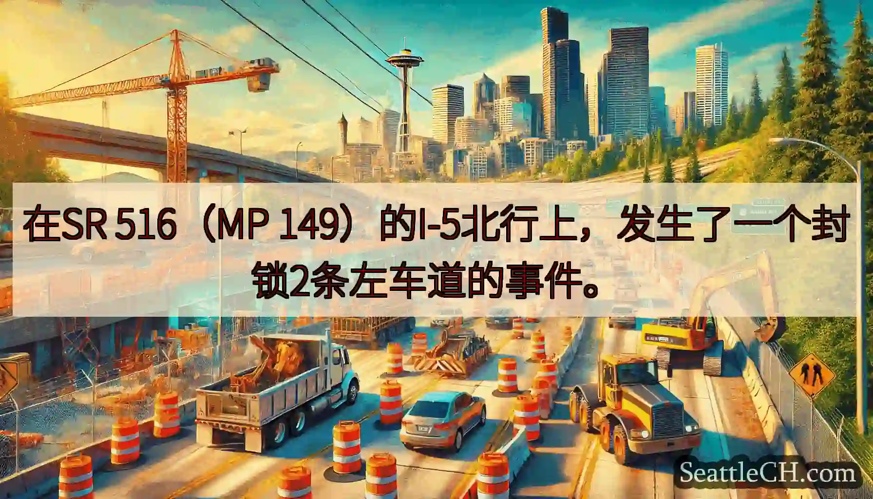在SR 516（MP 149）的I-5北行上，发生了一个封锁2条左车道的事件。