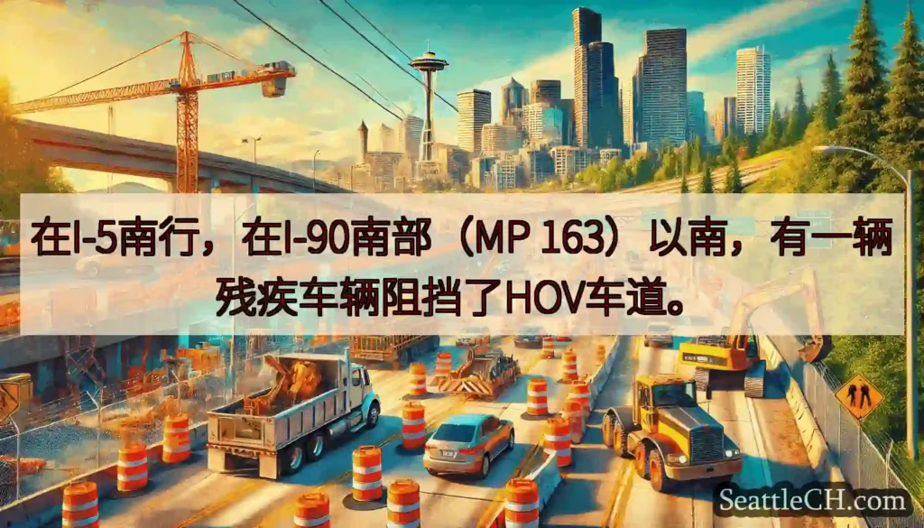 在I-5南行，在I-90南部（MP 163）以南，有一辆残疾车辆阻挡了HOV车道。