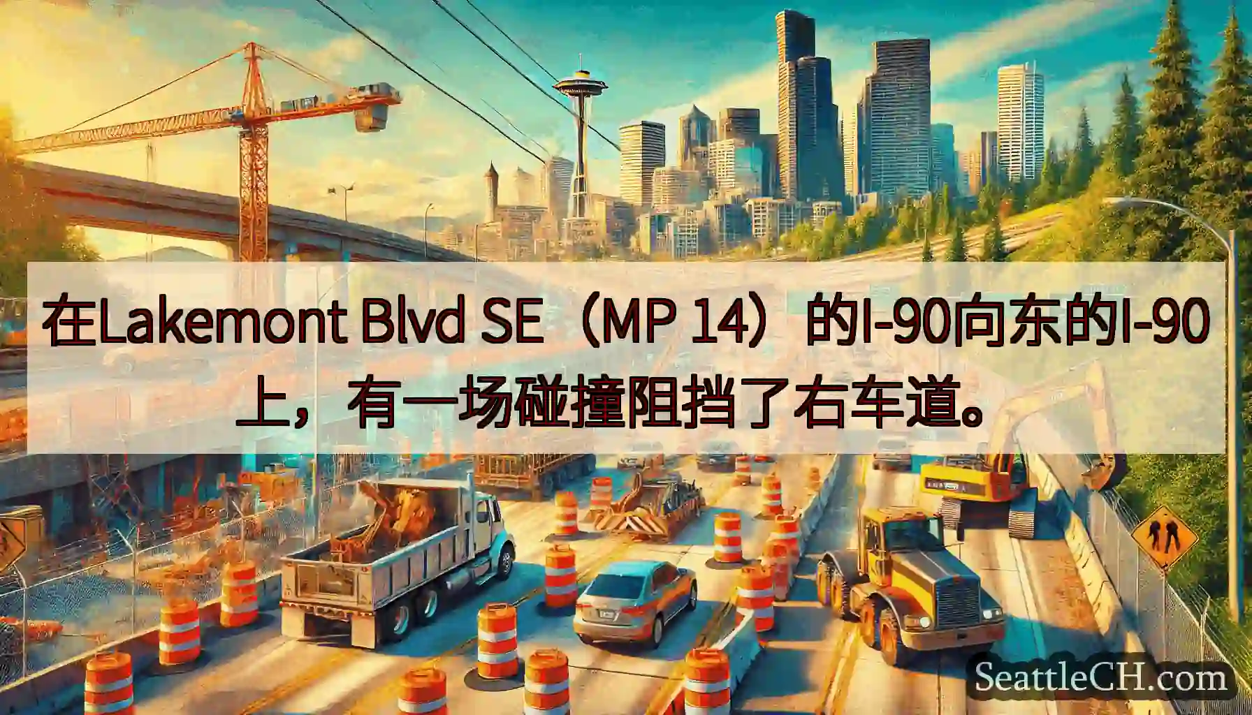 在Lakemont Blvd SE（MP 14）的I-90向东的I-90上，有一场碰撞阻挡了右车道。