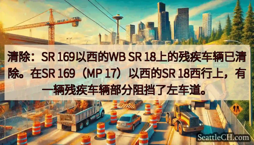 清除：SR 169以西的WB SR 18上的残疾车辆已清除。在SR 169（MP 17）以西的SR