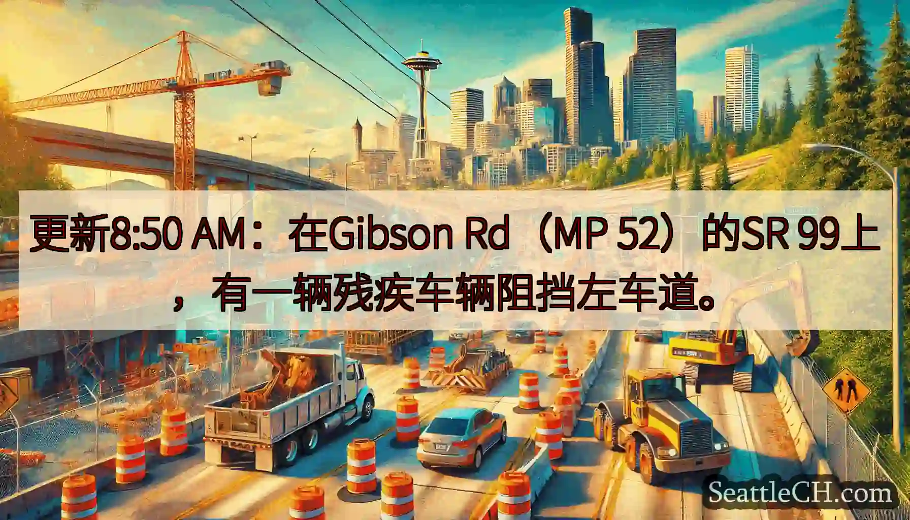 更新8:50 AM：在Gibson Rd（MP 52）的SR 99上，有一辆残疾车辆阻挡左车道。